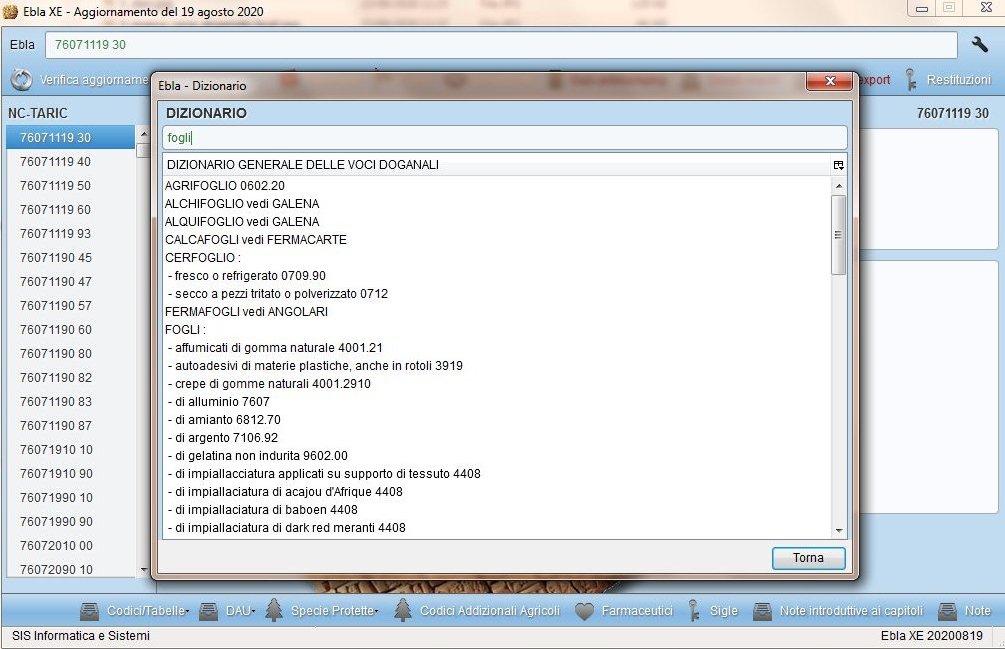 ricerca voce doganale fogli